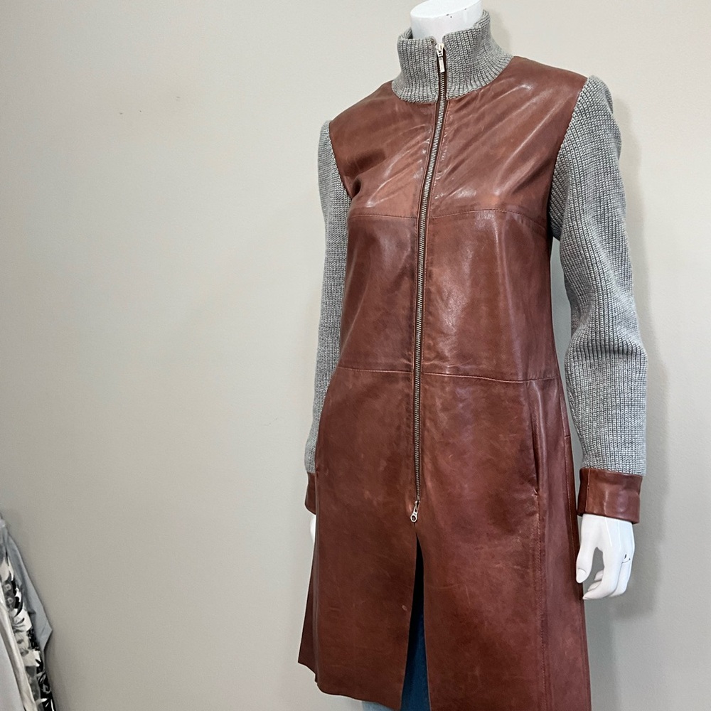 CIGNO NERO Brown Leather Zip Front Long Vest Coat Knit Sleeve Duster Size 36
